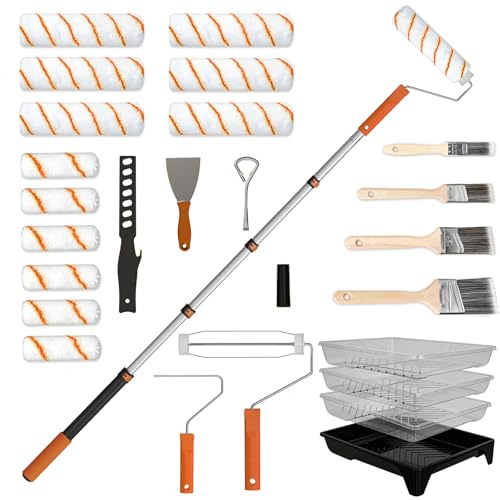 SISUPASSIE Paint Roller Set with 0.3-1.3m Extension Pole, 27 Piece Paint Rollers and Trays Sets for Painting, 23cm 10cm Roller Sets for Walls, Ceiling, Door