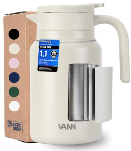 VANN Thermoskanne 1,5l - 3-fach Isolierkanne [24h warm, 36h kalt] | Thermoskanne aus zertifiziertem Edelstahl [BPA-frei] - als Teekanne oder Kaffeekanne - Auslaufsicher - Jug Hafer
