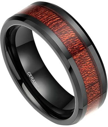 Gualiy Herrenring Keramik, Damen Ringe Verlobung 6/8MM Schwarz Ring Holzoptik Intarsiert Größe 52-70