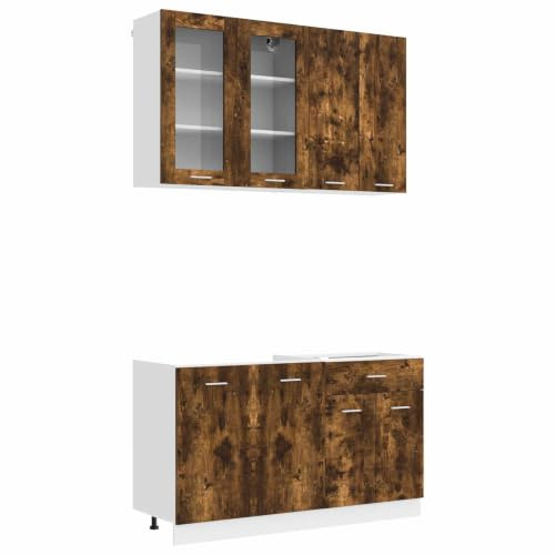 XHNIFBN Küchenzeile Lyon 4-teiliges Küchenmöbel Set aus Holzwerkstoff in Geräucherte Eiche, Modularer Küchenblock mit Unterschrank und Hängeschrank für Singleküche