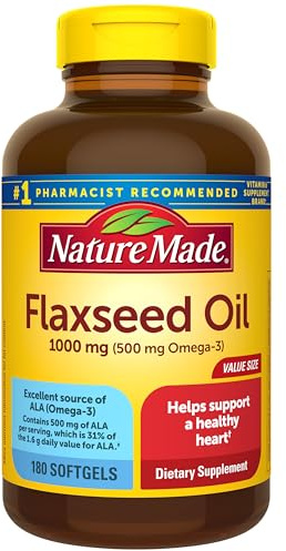 Nature Made Flaxseed Oil 1000 mg, Fish Free Omega 3 Supplement, Dietary Supplement for Heart Health Support, 180 Softgels, 180 Day Supply