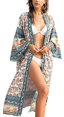 LikeJump Women's Long Floral Kimono Dressing Gown Beach Bikini Cover-Ups Maxi Dress Plus Size Summer Robe