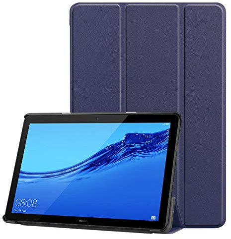 SATURCASE Case for Huawei MediaPad T5 10.1, PU Leather Flip Foldable Folio Stand Slim Light Weight Protective Tablet Cover (Dark Blue)