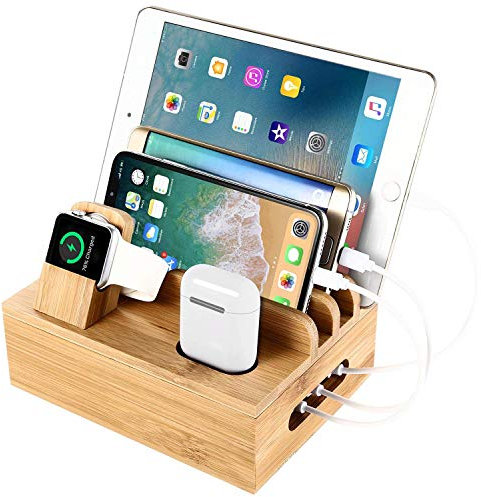 SETROVIC Bamboo Charging Station Docking Holder, Desktop Organiser for Multiple Devices Dock. Accessories Compatible Mobile Phone/Tablet/Apple Watch/Airpods