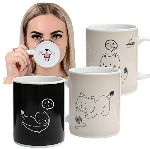 InGwest. Tasse à café sensible à la chaleur avec chat drôle. Tasse magique très mignonne avec langue sur le fond.