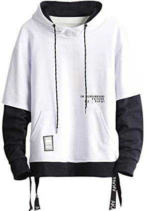 GURUNVANI Contrast Color Pullover Hoodie Mens Patchwork Hoodies Men, 09W107White, Medium