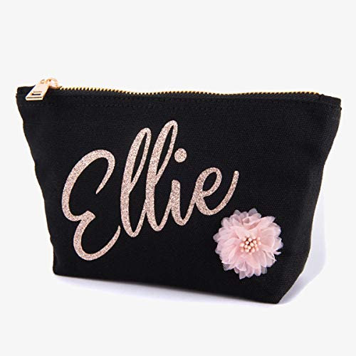 Personalised Makeup Bag, Rose Gold Glitter Name And Dusky Pink Flower (black, small)
