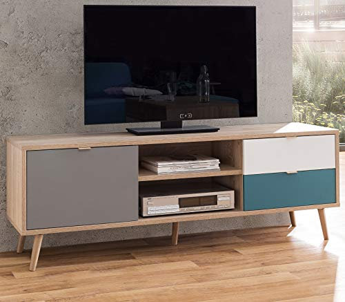 FINORI Lowboard Cuba - TV Unterteil in Sonoma Eiche hell mit Petrol, weiß und grau Tricolor skandinavischer Fernsehtisch 150 x 52 cm