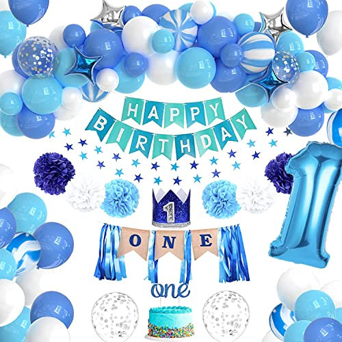 Geburtstagsdeko Blau Jungen 1 Jahr,Happy Birthday Banner Luftballons Blau,Luftballons Konfetti Ballons Blau Weiß,erst Geburtstag Deko Jungen,Folienballon Zahl 1,Junge Deko 1 Geburtstag