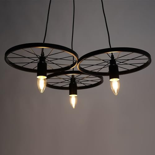 MINUS ONE Retro Wagenrad Hängelampe Metall Kronleuchter 3/6 Rad Wohnzimmer Deckenleuchte Pendelleuchte E27 Lampenhalter Lampe Licht EU-Stecker Keine Glühbirne (Schwarz, 3 Rad)