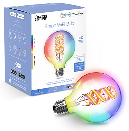 Feit Electric 60 Watt Equivalent Smart Filament Globe Bulb, Spiral Filament WiFi Dimmable, Works with Alexa and Google Assistant No Hub Required, G30 Vanity LED Smart Light Bulb G3060/RGBW/FIL/AG