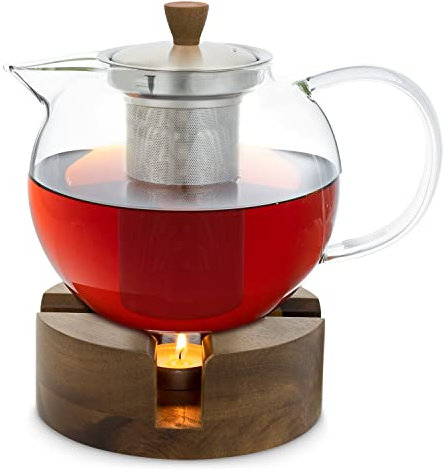 GLASWERK théière en verre avec chauffe-théière - (1,3L) Théière avec infuseur thé infuseur thé inox élégante poignée en bois, avec passoire en acier inoxydable, théière en verre avec infuseur