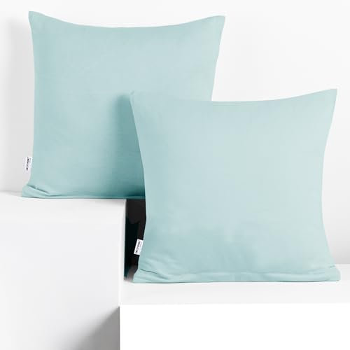 DecoKing 2 Kissenbezüge 50x50 cm Jersey 100% gekämmte Baumwolle Reißverschluss hellblau Amber