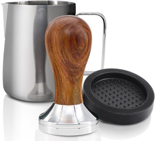 KYONANO Espresso Tamper 58mm - Coffee Tamper with Dalbergia Odorifera Handle - Espresso Press Hand Tamp PLUS Free Milk Frothing Pitcher 12oz/350ml, Silicone Tamper Mat - Fits Breville 58mm portafilte