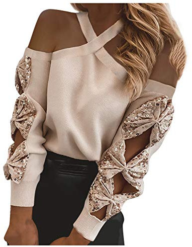 Yowablo Damen Langarmshirt Shirt Tops Frauen Casual Fashion Trägerlose Hollow Butterfly Pailletten Langarm (XL,Rosa)