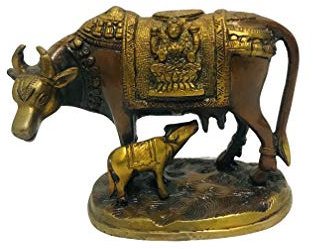 Kamdhenu-Kuh mit Kalb, antikes Messing, Schaustück, Laxmi Ganesh, Idol, Pooja, Khamdhenu, Idol, Gau Mata, Skulptur, Glück, Wohlstand, Einweihungsfeier, Weihnachten, Erntedankfest, Geschenk, 15,5 cm