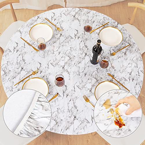 UMINEUX Runde Vinyl-Tischdecke mit elastischem Rand und Flanell-Rückseite, wasserdicht, abwischbar, für drinnen und draußen, Terrasse, passend für Tische mit Durchmesser 114–142 cm (weißer Marmor)