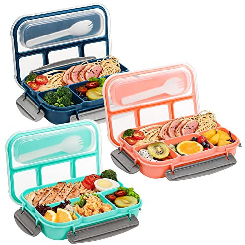 Okllen 3er-Pack Bento Lunchboxen mit 4 Fächern und Löffel, 1L/35Oz Plastik Meal Prep Behälter Lebensmittelaufbewahrung Snackbehälter für Arbeit, Zuhause, Schule Kita, 3 Farben