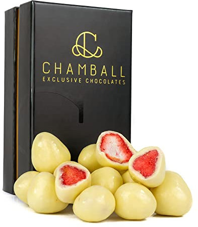 CHAMBALL Bombones Belgas de Fresa Bañados en Chocolate Blanco Belga, Bombones a Granel, inlcluida la Caja bombones para Regalar, Perfecta para dias de Festivos, Cumpleaños, o con un Champagne