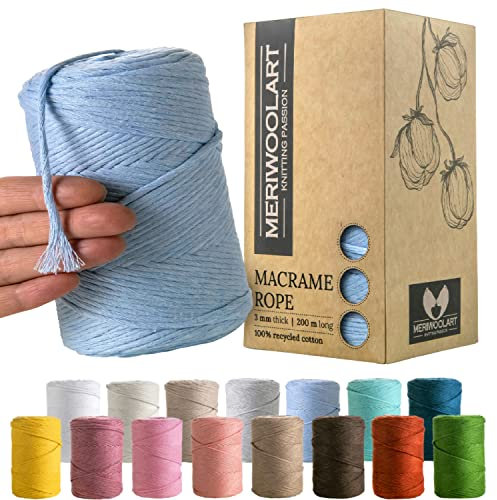 MeriWoolArt® Makramee Garn Blau - Makramee Garn 3mm farbig 200m - Super weiches Garn, einfach gedrehte Makramee Schnur - Öko-Tex 100% recyceltes Baumwollgarn farbig - DIY Boho Deko Makramee