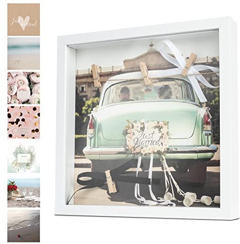 WeddingTree 3D Hochzeit Bilderrahmen zum Befüllen - Bilderrahmen mit Klammern und Leine - 7 Hintergrund Motive und Zubehör - Geldgeschenk für Brautpaar - Hochzeitsgeschenk Fotorahmen mit Klammern