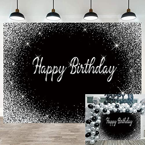Birthday Backdrop Black and Glitter Silver Adult Party Photography Background Kids Men Women Happy Birthday Photo Decoration Banner (2,4 x 1,8 m)