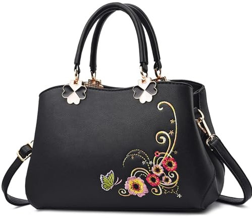 VARLIVOO Elegant Damen Handtaschen Stickerei Schultertaschen Frauen Umhängetasche Taschen Reisen Shopper Taschen Damen Taschen Crossbody Bag Arbeit Reisen PU Leder Schwarzes C