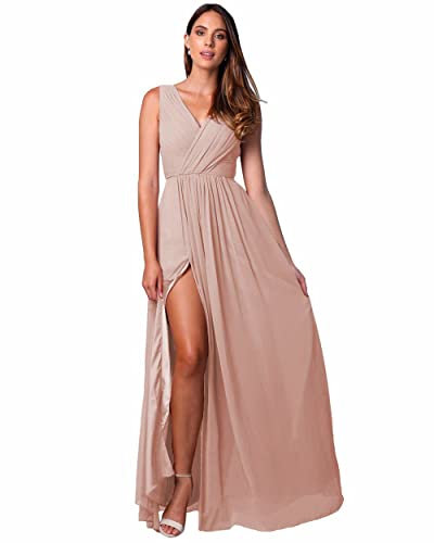 YIANN Robe de demoiselle d'honneur longue à col en V avec fente en mousseline de soie - Robe de bal plissée avec poches - YIA014, rose poudré, 48 plus