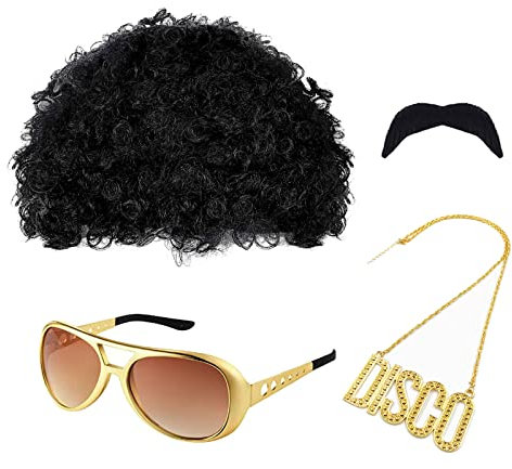 MIVAIUN Hippie Perücken Kostüm Zubehör Set, Funky Afro Perücke Sonnenbrille Halskette Schnurrbart für 60er 70er 80er Kostüm Hippie Kostüm Disco Thema Party,Hippie Afro Perücke,Einheitsgröße