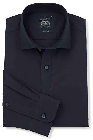 THE SAVILE ROW COMPANY LONDON Men's Slim Fit Cotton Twill Long Sleeve Casual Shirt - Navy - Large
