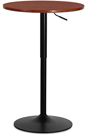 MoNiBloom Runder Bartisch, höhenverstellbar, Bistrotisch mit schwarzem Bein und Sockel, Kneipentisch, 360° drehbar, für Wohnzimmer, Esszimmer, Bistro, Café, 59,7 cm Durchmesser, rote Holzstruktur,