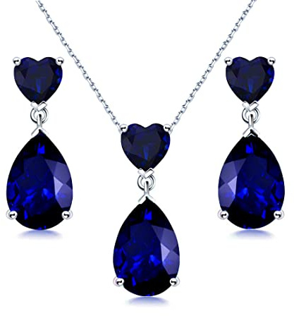JIANGXIN Geburtsstein Herz Schmuckset 925 Silber Frau Kette Damen Halskette Ohrring Ohrstecker Tropfenschliff Edelstein Mit 45+5CM Kettenlänge 18K weißgold plattierte (Saphir)