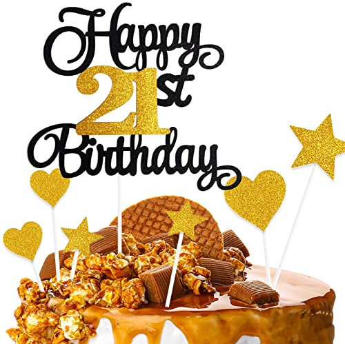 ZHIHUI Tortendeko 21 Geburtstag Schwarz&Golden Junge Mädchen, 7Stück 21.Kuchendeko Geburtstag, Happy 21 Birthday Deko Torte Kuchen Deko Cake Topper für 21 Geburstagstorte Deko Jungen Mädchen Mann Frau