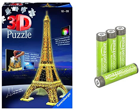 Ravensburger 3D Puzzle Eiffelturm in Paris bei Nacht 12579 - leuchtet im Dunkeln - 216 Teile - ab 10 Jahren & Amazon Basics AAA-Batterien, wiederaufladbar, vorgeladen, 4 Stück(Aussehen kann variieren)