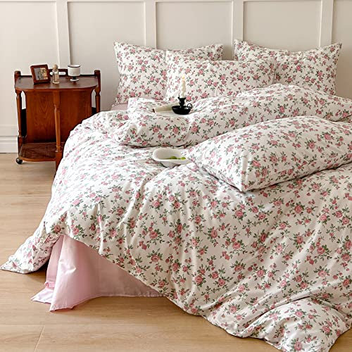 LifeTB Queen Floral Duvet Cover Cotton Boho Pink White Cream Floral Bedding Sets French Style Rose Flower Botanical Duvet Cover Aesthetic Floral Comforter Cover 1 Twin Duvet Cover with 2 Pillowcases