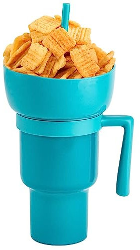 holexty Stadium Tumbler with Snack Bowl | 2 in 1 Snack Tumbler with Straw | Cup Bowl Combo | Snack and Drink Cup | Snack Tumbler | Reusable Leakproof Snack Cup for French Fries, Blue