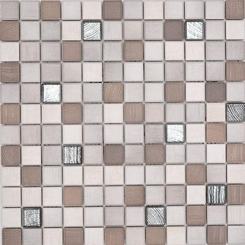 Jasba Mosaico de cerámica, mezcla de madera metalizada, mate, efecto madera, pared, suelo, interior, exterior, salón, cocina, baño, ducha, piscina