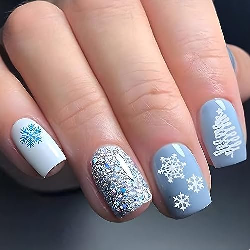 MouyouGlow Press on Nails Kurz,Square Baby Blaue Glitzer Schneeflocke Weihnachten Fake Nails Kunstnägel mit Nagelkleber,Winter Christmas Künstliche Fingernägel