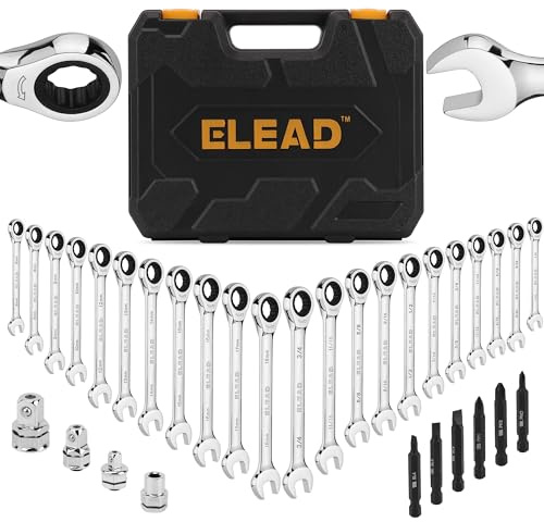 ELEAD 33-Piece Combination Ratchet Wrench Set | SAE & Metric Sizes (1/4 to 3/4 & 6-18mm) | 72-Tooth Gear Design | CR-V Steel | Organizer Carry Case | Ideal for Mechanics & DIY