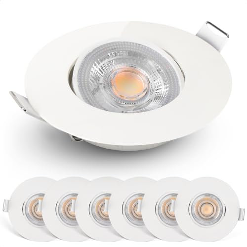 EMOS LED Einbaustrahler 230V dimmbar, 4,9W / 480lm, 50° schwenkbar, warmweiß 2700K | Set mit 6 Stück Einbaustrahler LED Spot ultraflach, rund | Deckenspots LED dimmbar für Innenräume, Farbe weiß