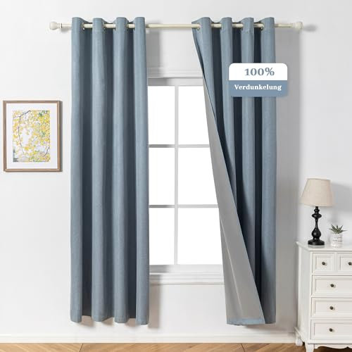 MYSKY HOME Blickdichter Vorhang mit Ösen Gardinen Kälteschutz Verdunklungsvorhänge Leinenoptik Blickdichte Gardine für Wohnzimmer,Graublau,2er Set H 225 x B 140 cm.