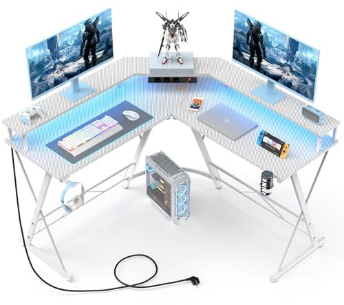 Yornoli Gaming Tisch mit LED, Eckschreibtisch mit Monitorablage, Schreibtisch L Form mit 3 Steckdosen & 2 USB Ladeanschluss, Computertisch Kohlefaser Weiß