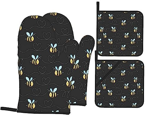 Bumble Bees - Juego de guantes de horno y soportes para ollas para cocinar, hornear, barbacoa, horno, guantes de horno resistentes al calor