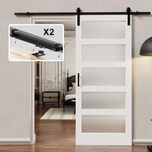 Porte da fienile in vetro da 91 x 213 cm e accessori di montaggio inclusi, facile montaggio preforato, porta scorrevole bianca con vetro temperato satinato resistente da 1/6 di pollice per interni
