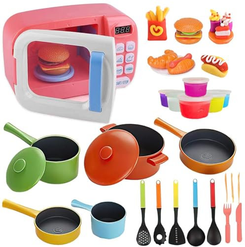 Koolbitz Toy Kitchen Play Sets for Kids, Realistic Microwave Toy & Pretend Play Cooking Accessories Pots, Pans & Utensils Set, Complete Cookware Role Playset Gift for Children 3+ Years