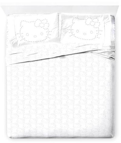 Jay Franco Bettlaken-Set mit Spannbettlaken, Bettlaken und Kissenbezug, ultraweiches Bettwäsche-Set mit Kissenbezug für Raumdekoration, Weiß, Hello Kitty, 4-teilig