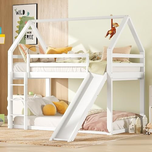 WIZBED Etagenbett 90x200, Hausbett Kinderbett mit 1 Lattenrost und Leiter, Holzbett mit Rausfallschutz, Hochbett Einzelbett Bettgestell, Ohne Matratze (Weiß, 90x200)