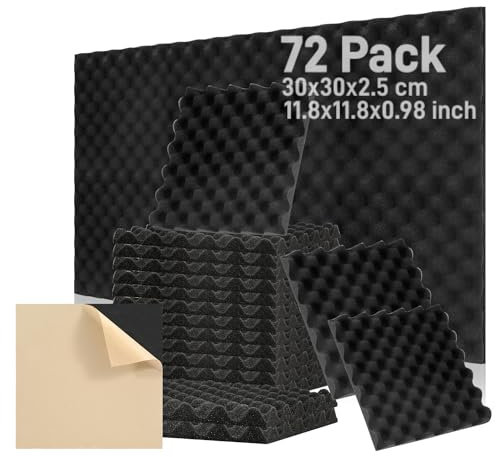 Fiqops Lot de 72 panneaux acoustiques autocollants en mousse - 30 x 30 x 2,5 cm - Isolation phonique murale - Réduit l'écho - Pour studio d'enregistrement, décoration de jeu, podcasts, concave, noir