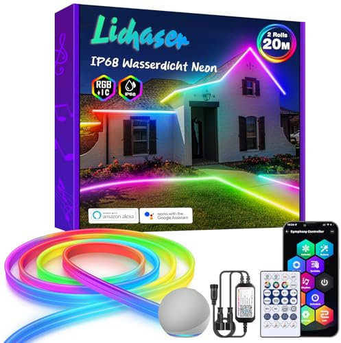 Lichaser 20M RGB+IC Ruban LED Neon Exterieur WiFi, IP68 Etanche DIY Flexible Néon LED Bande avec Alexa, 24V Bandeau led Exterieur Silikon Sync avec Musique pour Terrasse, Fête, Jardin