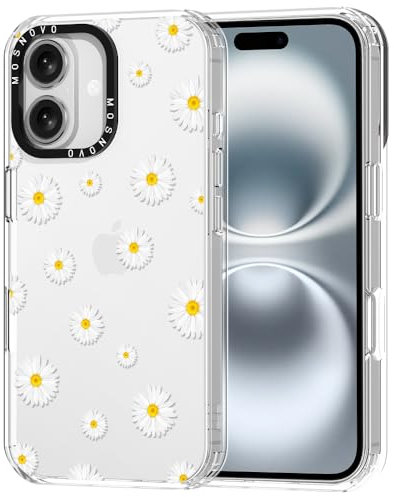 MOSNOVO Case for iPhone 16, [Buffertech 6.6ft Military-Grade Drop Protection] [Anti Peel Off Tech] Clear TPU Bumper Phone Case Cover Design - White Daisy